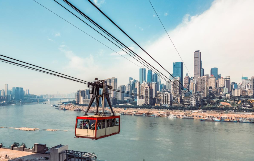 Yangtze River Cableway crossing the river in central Chongqing