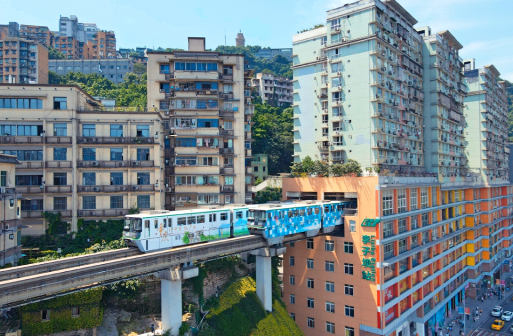 Chongqing monorail passing through the building at Liziba Station