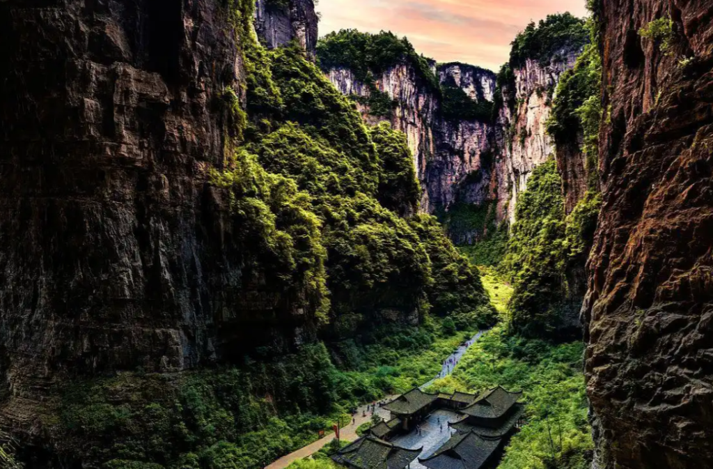 Limestone natural bridge and walking path at Wulong Three Natural Bridges