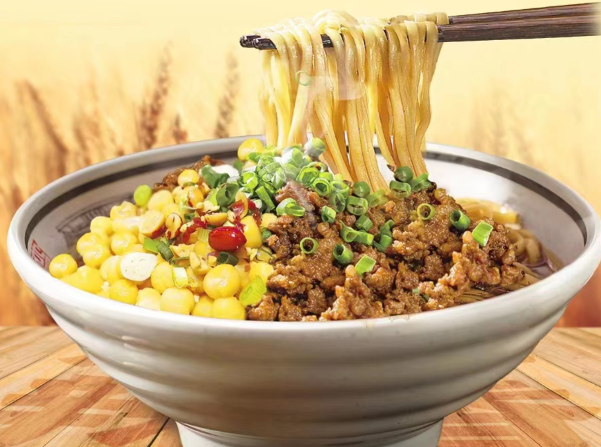 Chongqing pea and minced meat noodles with ice jelly dessert