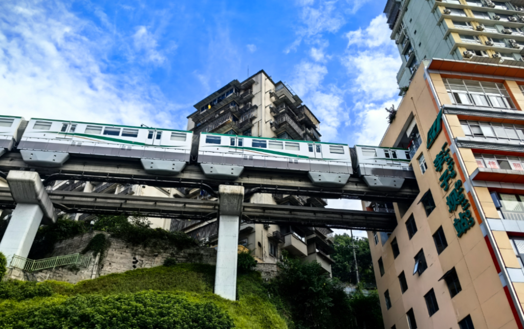 Chongqing monorail passing through the building at Liziba Station