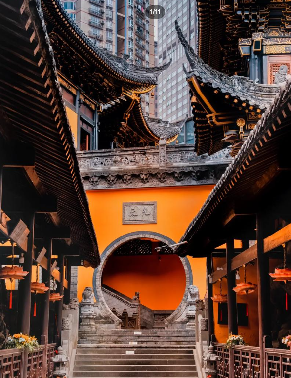 Luohan Temple surrounded by high-rise buildings in Chongqing